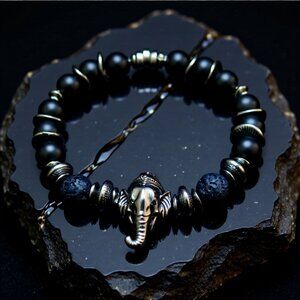 Gunmetal Black Elephant Bracelet • Lava Rock + Stone Beads • 6.5" Wrists